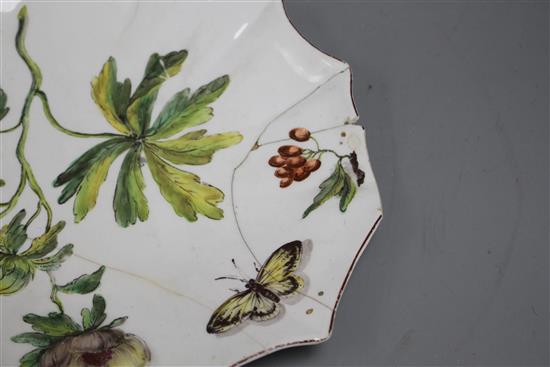 A rare Chelsea red anchor Hans Sloane botanical dessert dish, c.1755, length 22.5cm